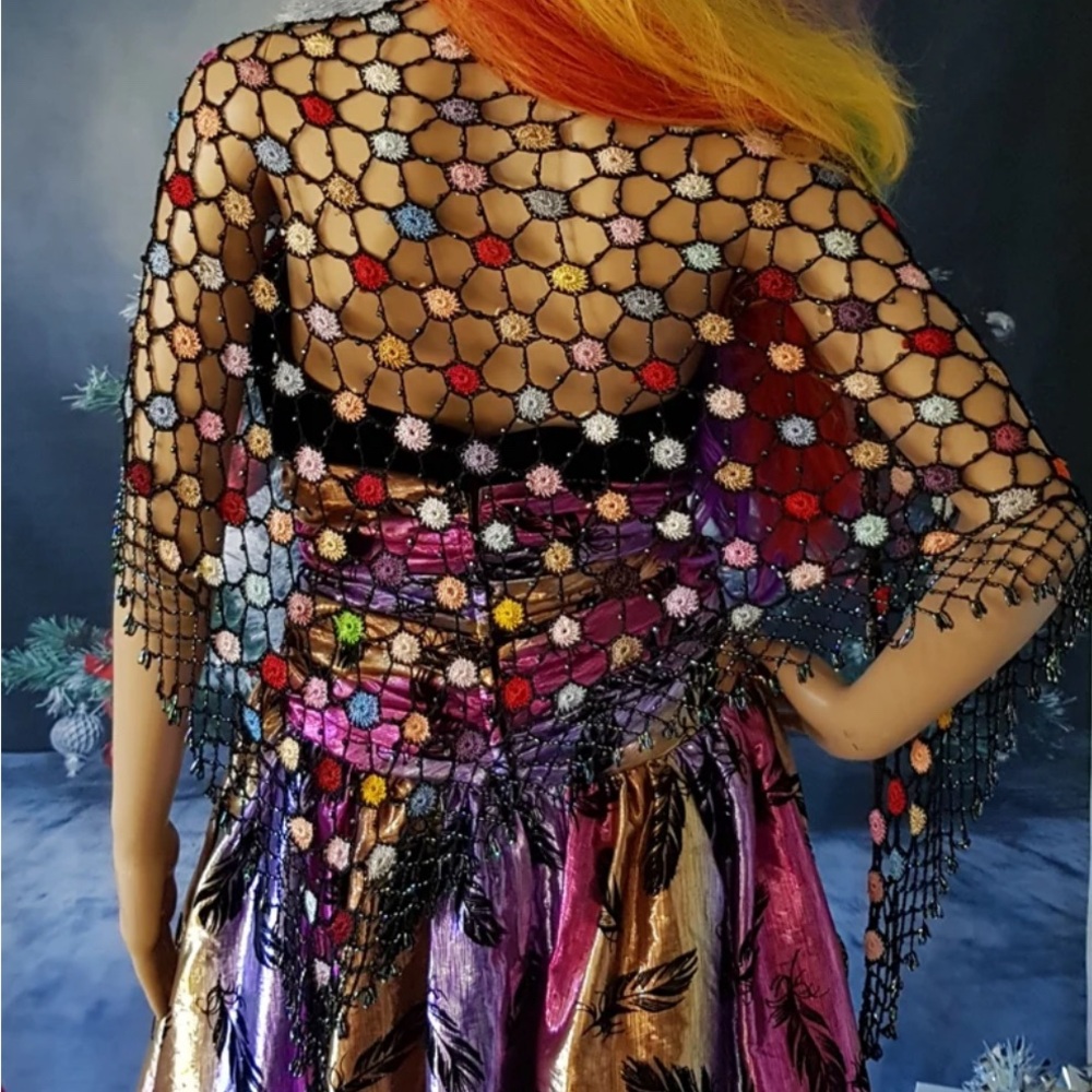 Vintage Shawl: 1970s Black & Multicoloured Crochet & Beaded Triangle Shawl